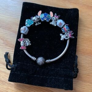 Retired Pandora Snowflake Bangle Bracelet w/ 9 NEW Disney Lilo & Stitch Charms